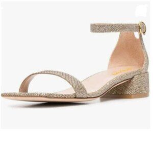 XYD Glitter-tan Open Toe Ankle Strap, Buckled Low Chunky Block Pumps Flats Shoes